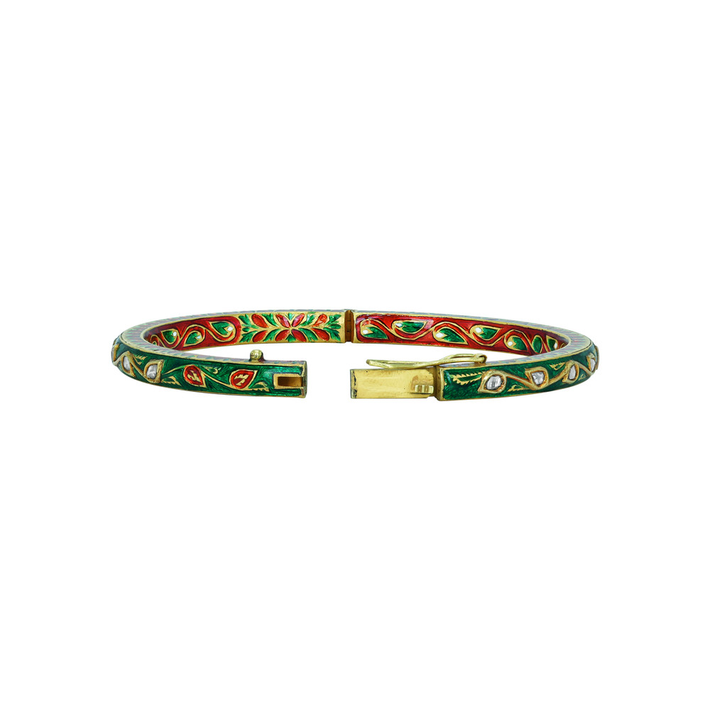Polki Bangle with Green and Red Enamel Floral Design